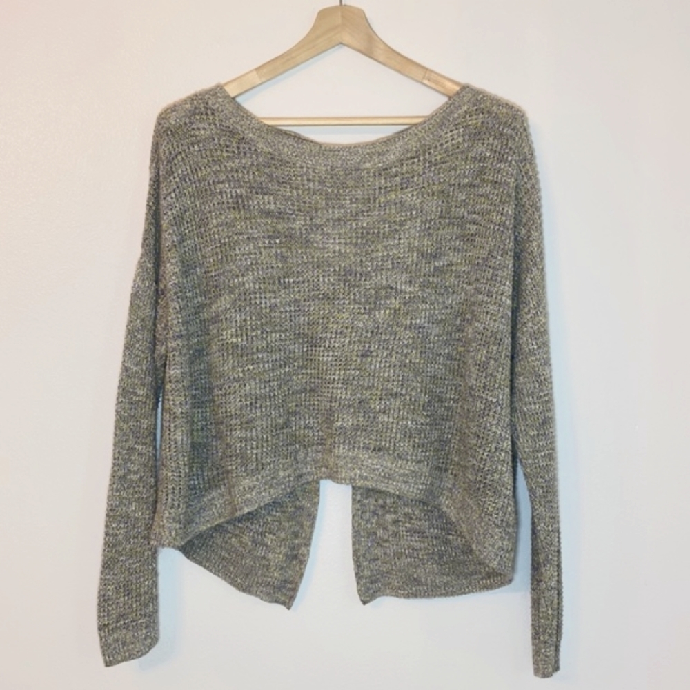 Express | Green Knit Oversized Crop Sweater w|back Keyhole & Slit Accents